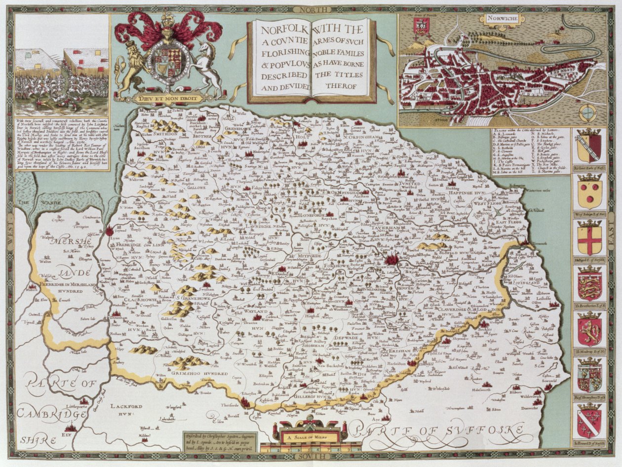 Norfolk, graverad av Jodocus Hondius (1563-1612) från John Speeds "Theatre of the Empire of Great Britain", pub. av John Sudbury och George Humble, 1611-12 (handfärgad kopparstick) av John Speed