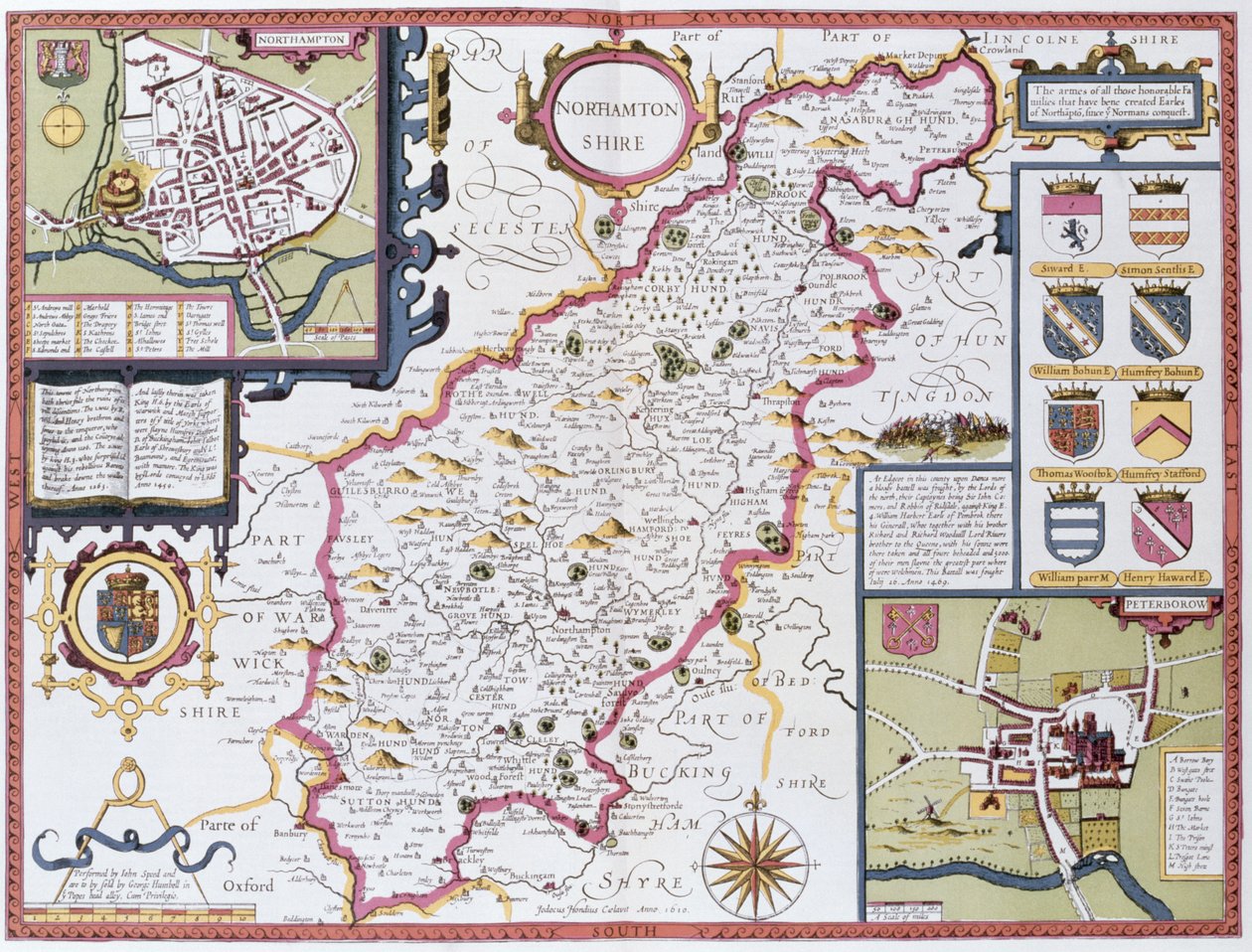 Northamtonshire, indgraveret af Jodocus Hondius (1563-1612) fra John Speeds 