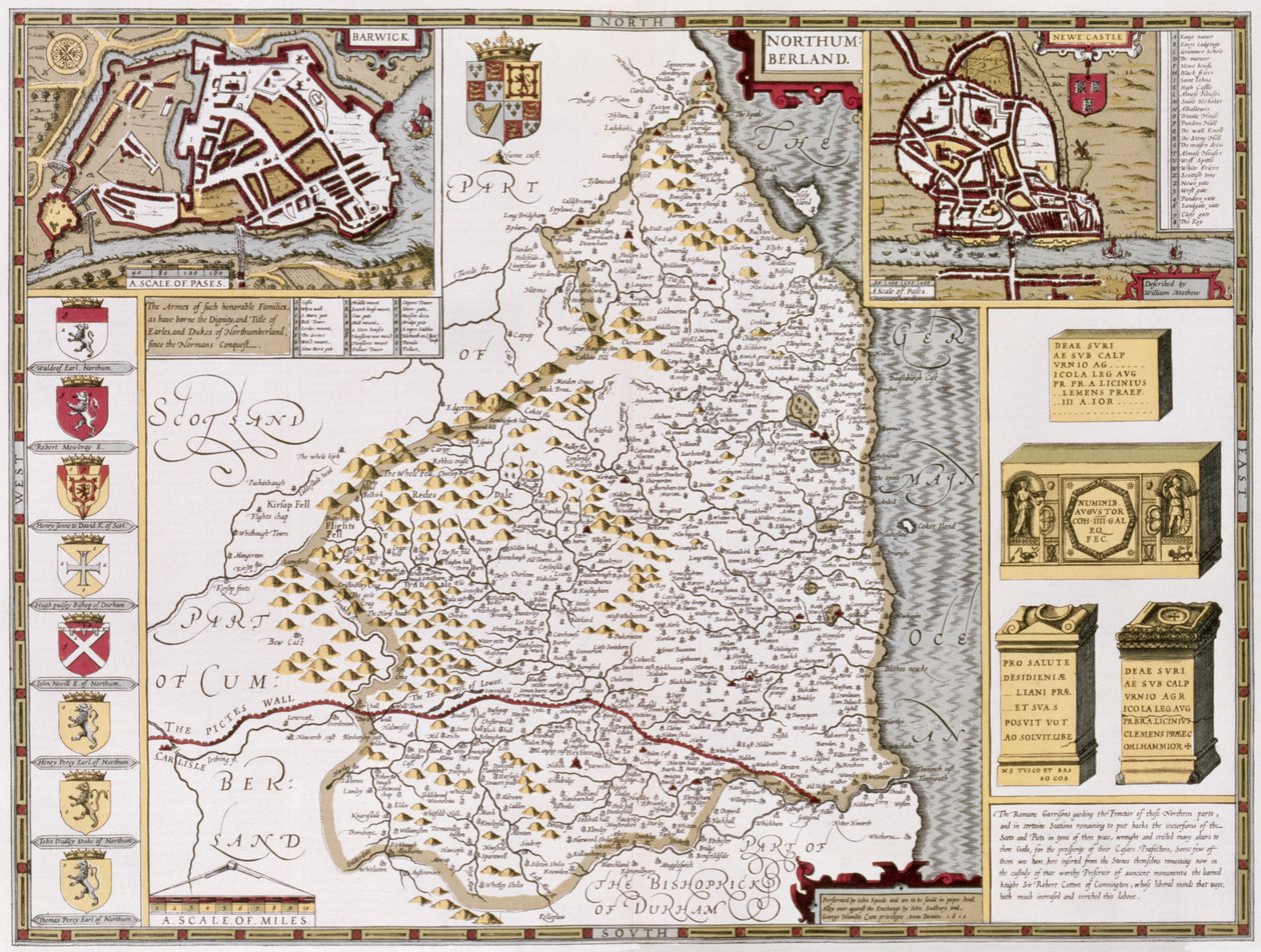 Northumberland, graverad av Jodocus Hondius (1563-1612) från John Speeds "Theatre of the Empire of Great Britain", pub. av John Sudbury och George Humble, 1611-12 (handfärgad kopparstick) av John Speed