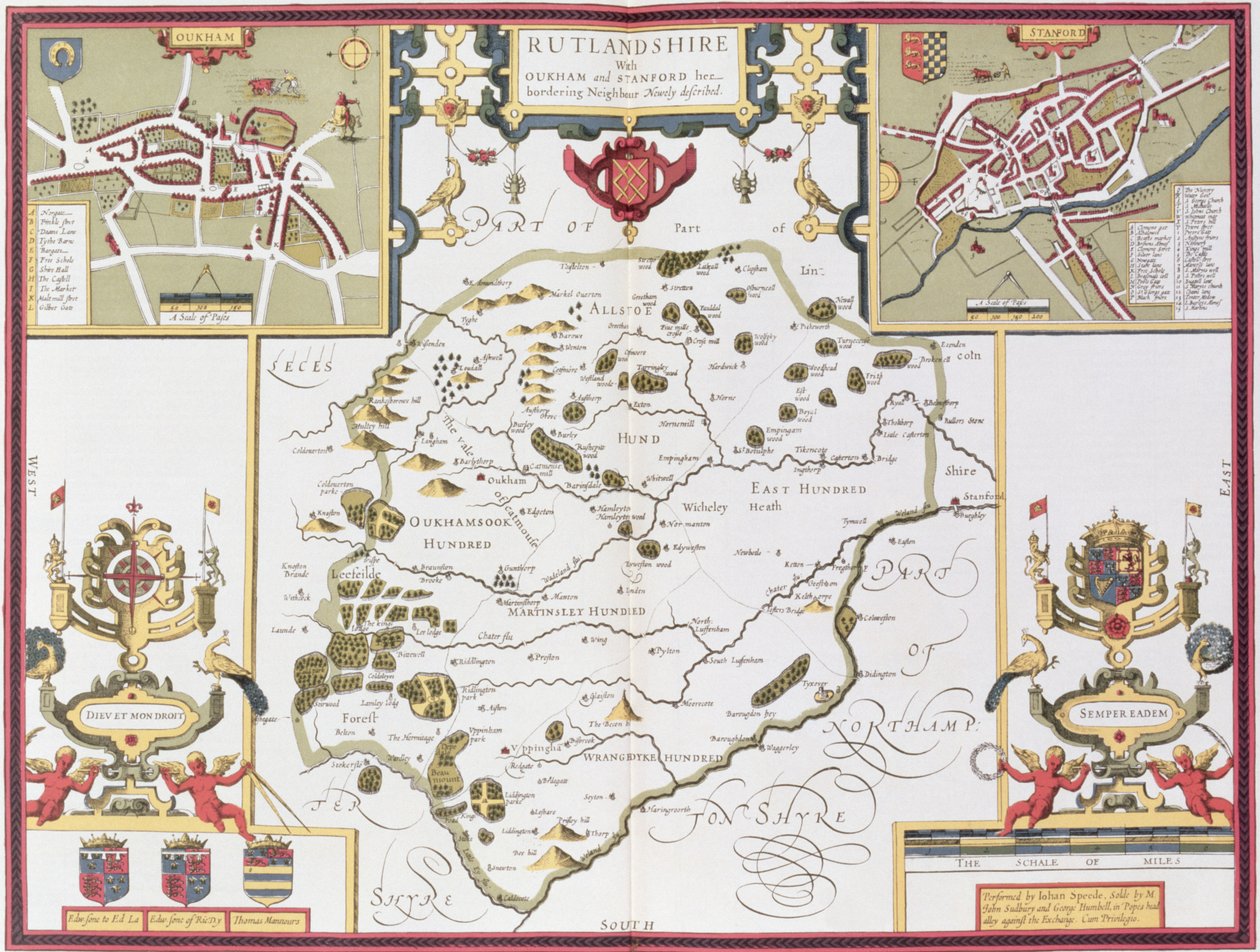 Rutlandshire med Oukham och Stanford, graverad av Jodocus Hondius (1563-1612) från John Speed