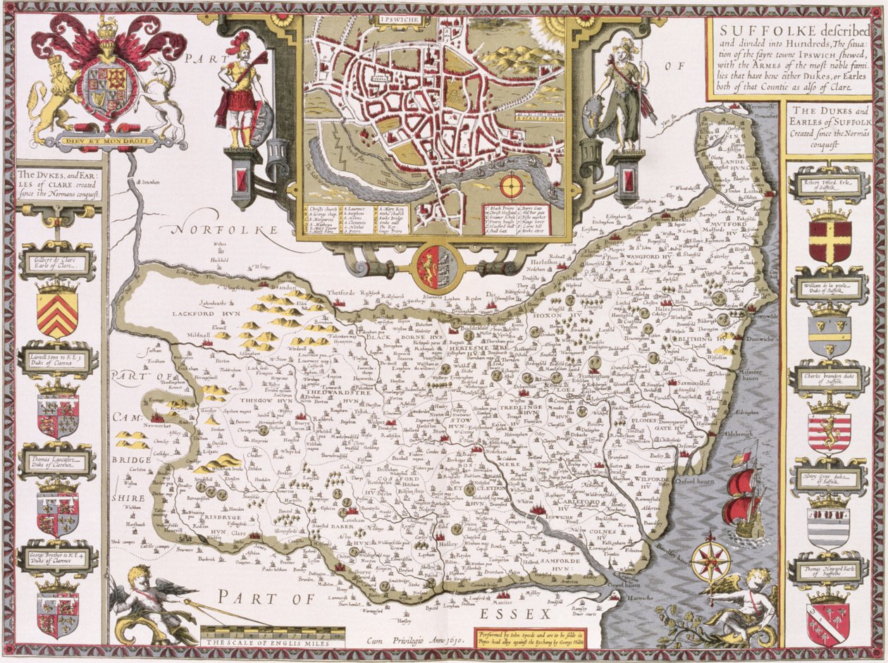 Suffolk och situationen i Ipswich, graverad av Jodocus Hondius (1563-1612) från John Speeds "Theatre of the Empire of Great Britain", pub. av John Sudbury och George Humble, 1611-12 (handfärgad av John Speed
