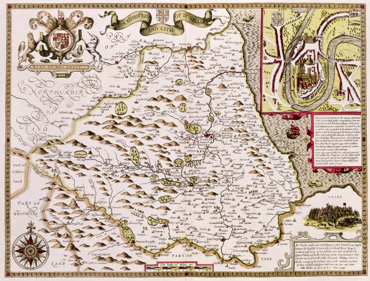 Bishopricken och staden Durham, graverad av Jodocus Hondius (1563-1612) från John Speeds "Theatre of the Empire of Great Britain", pub. av John Sudbury och George Humble, 1611-12 (handfärgad co av John Speed