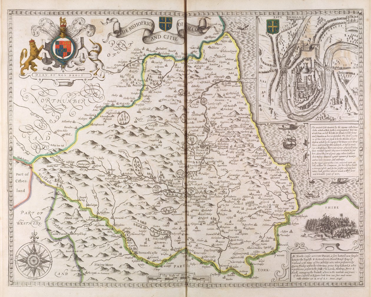 The Bishoprick and City of Durham, från "Theatre of the Empire of Great Britaine", 1611-12 av John Speed