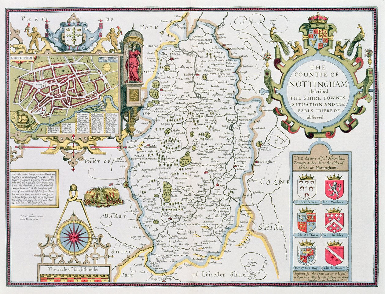 Grevskapet av Nottingham, graverat av Jodocus Hondius (1563-1612) från John Speeds "Theatre of the Empire of Great Britain", pub. av John Sudbury och George Humble, 1611-12 (handfärgad koppar eng av John Speed
