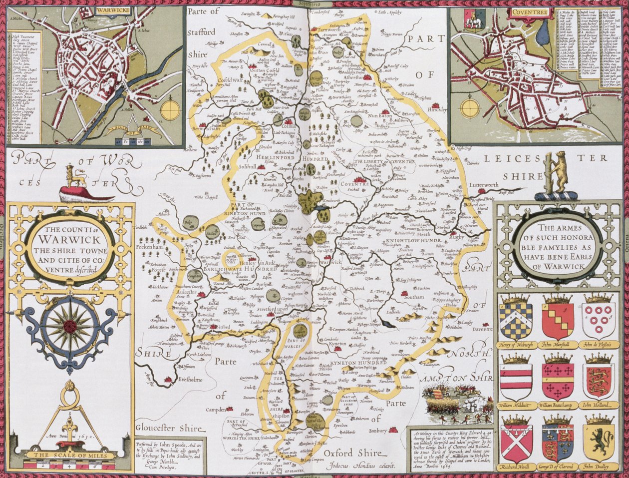 County of Warwick, Shire Town och City of Coventry, graverad av Jodocus Hondius (1563-1612) från John Speeds "Theatre of the Empire of Great Britain", pub. av John Sudbury och George Humb av John Speed