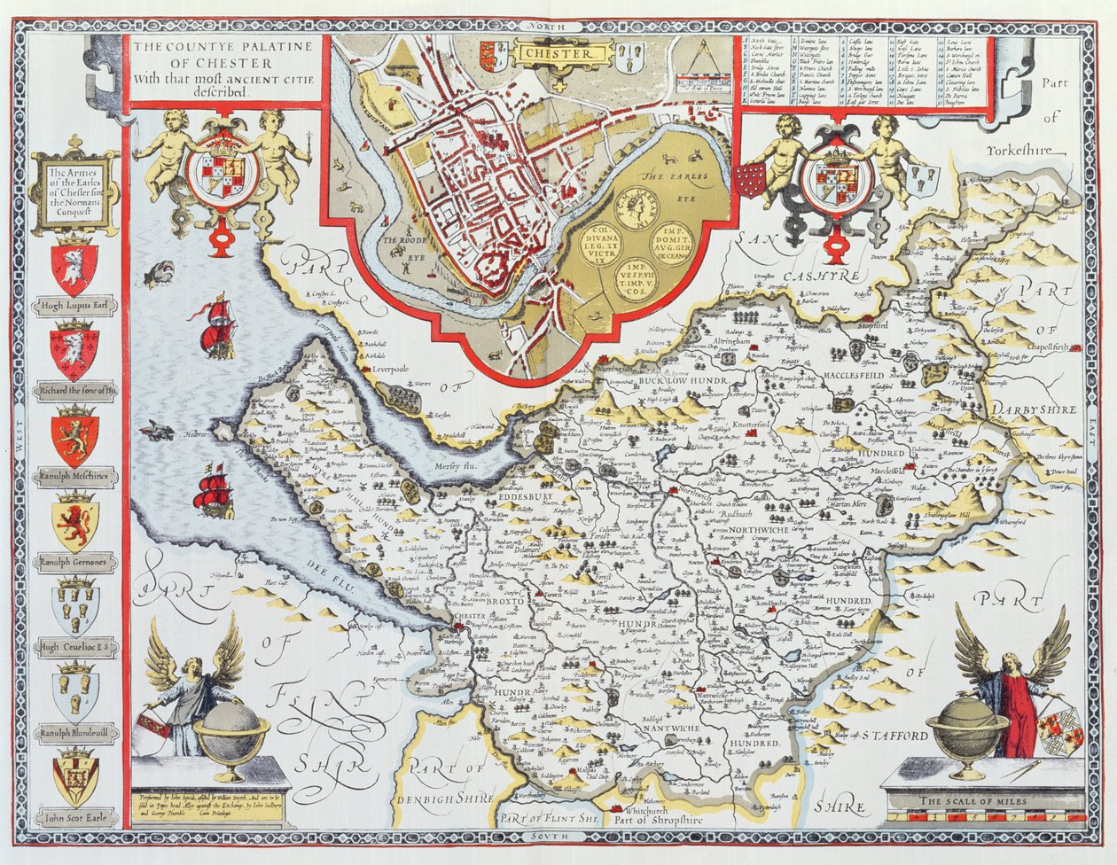 Countye Palatine av Chester, graverad av Jodocus Hondius (1563-1612) från John Speeds "Theatre of the Empire of Great Britain", pub. av John Sudbury och George Humble, 1611-12 (handfärgad copp av John Speed