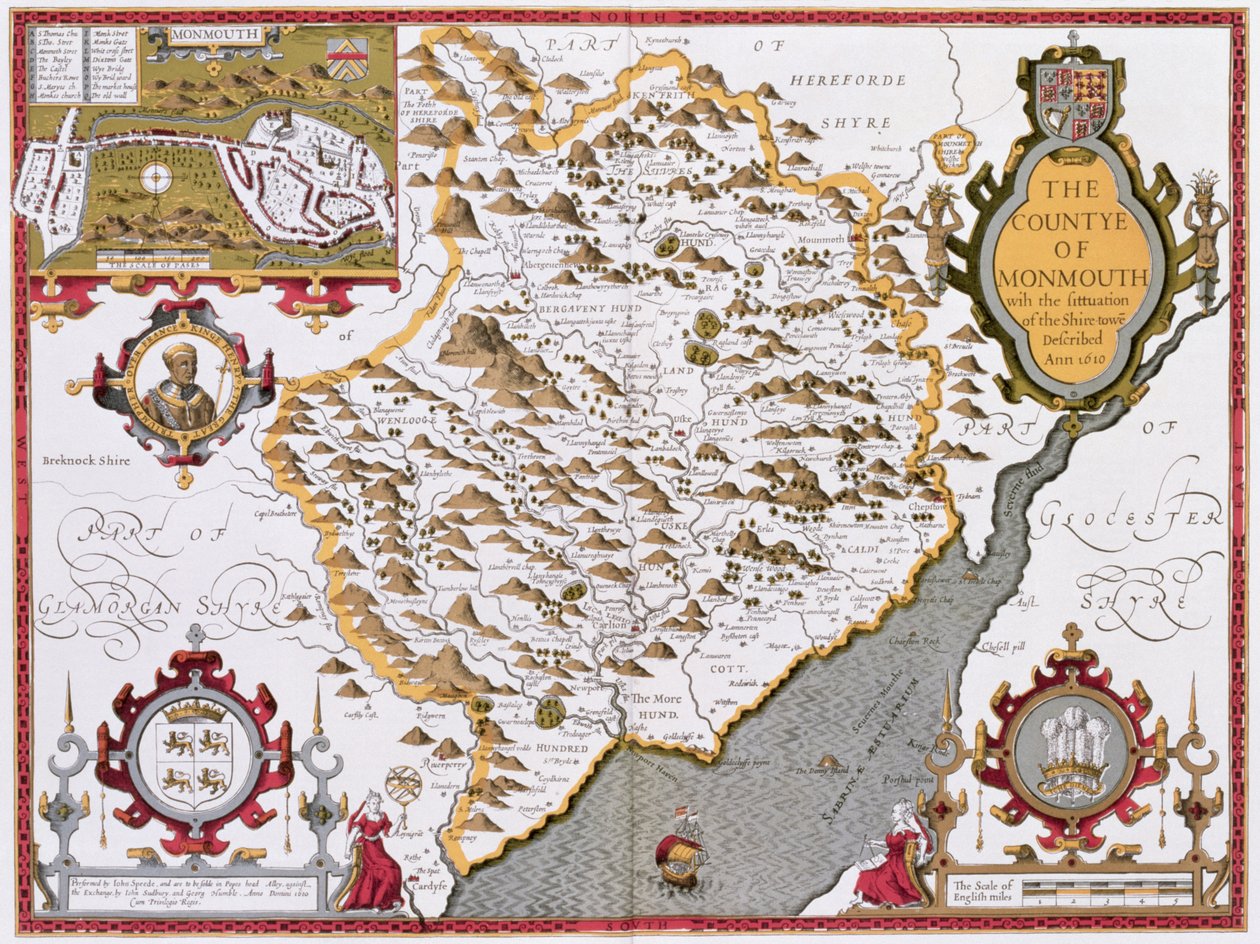 The Countye of Monmouth, graverad av Jodocus Hondius (1563-1612) från John Speeds "Theatre of the Empire of Great Britain", pub. av John Sudbury och George Humble, 1611-12 (handfärgad kopparengra av John Speed