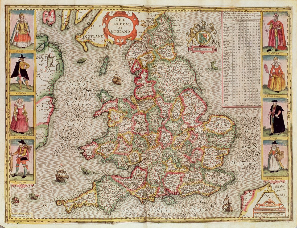 Kingdome of England, graverad av Jodocus Hondius (1563-1612) från John Speeds "Theatre of the Empire of Great Britain", pub. av John Sudbury och George Humble, 1611-12 (handfärgad kopparengra av John Speed