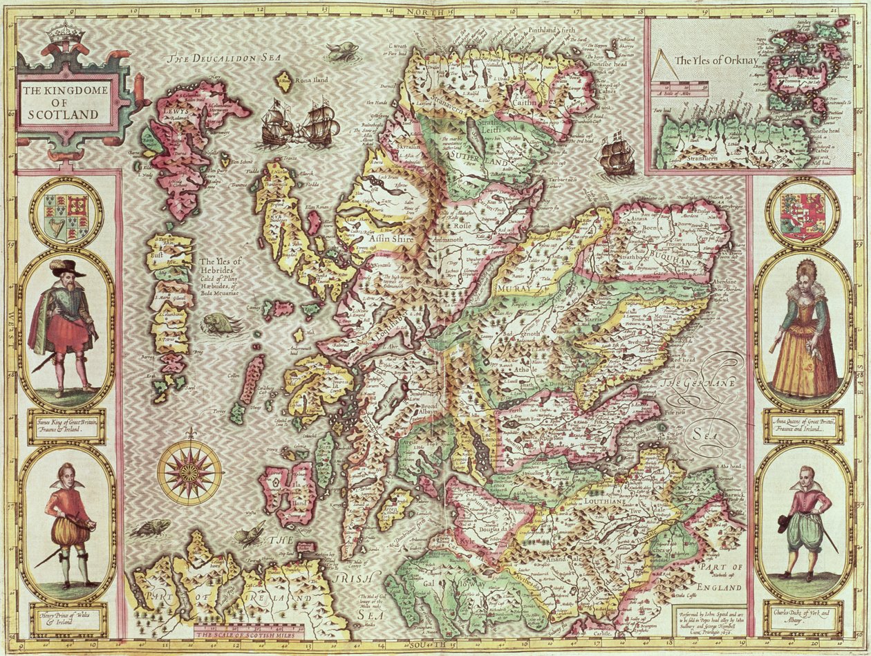 Kingdome of Scotland, graverad av Jodocus Hondius (1563-1612) från "Theatre of the Empire of Great Britain", pub. av John Sudbury och George Humble, 1611-12 (handfärgad kopparstick) av John Speed