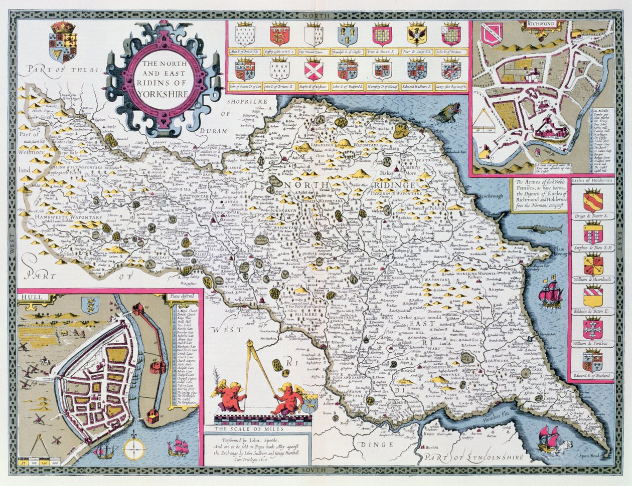 The North and East Ridings of Yorkshire, graverade av Jodocus Hondius (1563-1612) från John Speeds "Theatre of the Empire of Great Britain", pub. av John Sudbury och George Humble, 1611-12 (hand colou av John Speed
