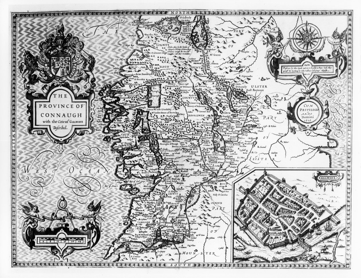 Provinsen Connaught med staden Galway Beskriven, graverad av Jodocus Hondius (1563-1612), från "Theatre of the Empire of Great Britain", pub. av John Sudbury och George Humble, 1611-12 (sv av John Speed