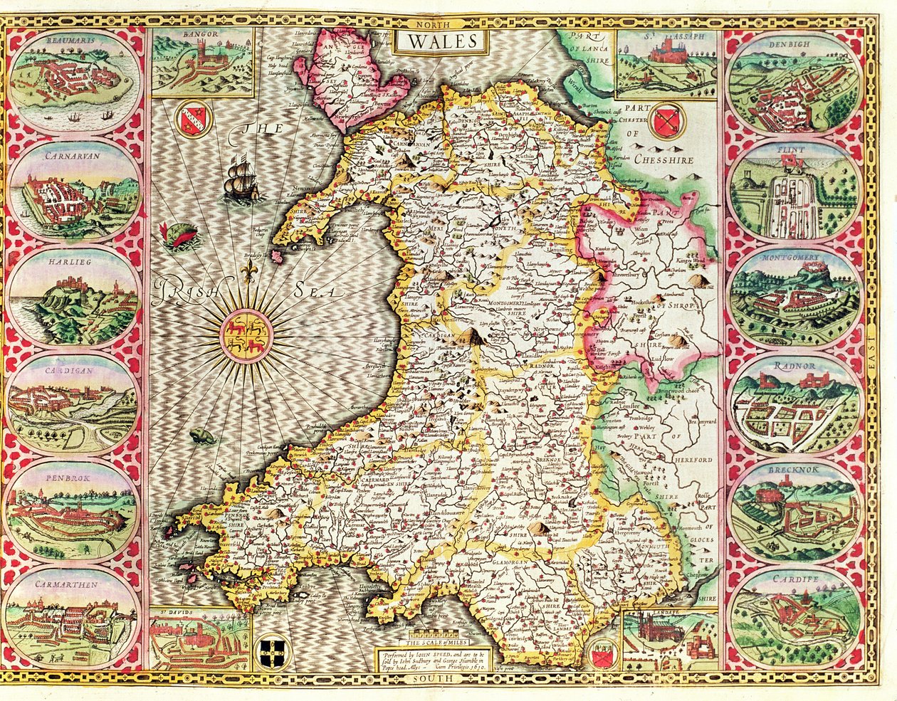 Wales, graverad av Jodocus Hondius (1563-1612) från John Speeds "Theatre of the Empire of Great Britain", publicerad av John Sudbury och George Humble, 1611-12 (handfärgad kopparstick) av John Speed