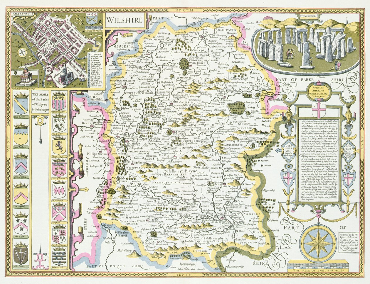 Wiltshire, graverad av Jodocus Hondius (1563-1612) från John Speeds Theatre of the Empire of Great Britain, pub. av John Sudbury och George Humble, 1611-12 (handfärgad kopparstick) av John Speed
