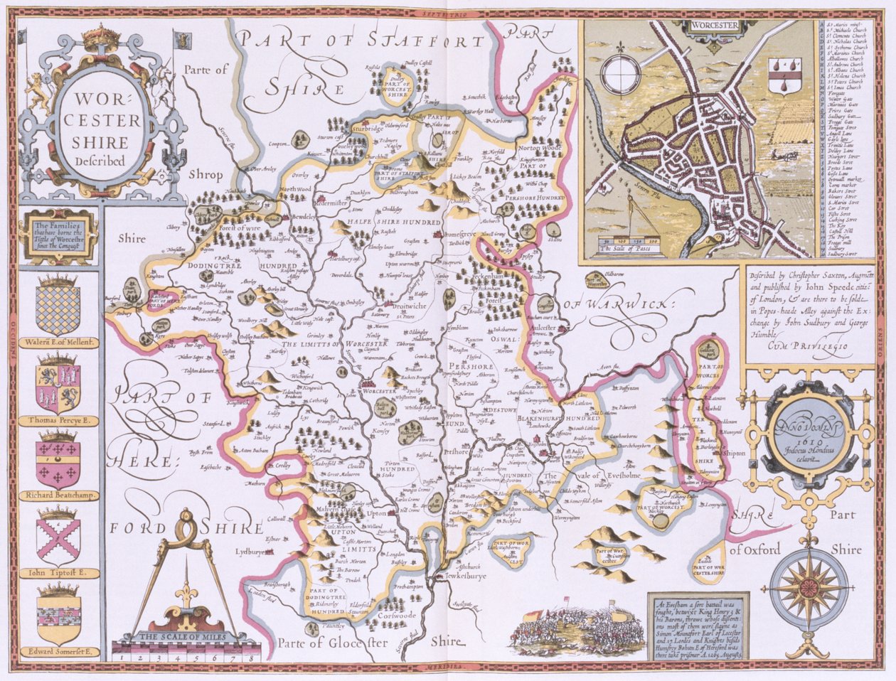 Worcestershire, graverad av Jodocus Hondius (1563-1612) från John Speeds "Theatre of the Empire of Great Britain", pub. av John Sudbury och George Humble 1611-12 (handfärgad kopparstick) av John Speed
