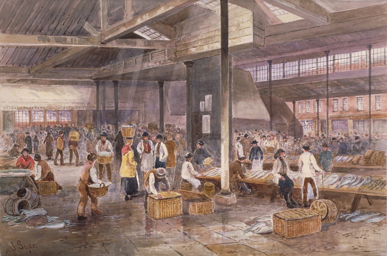 Interiör av Billingsgate Fish Market, ca 1849 av John Syer