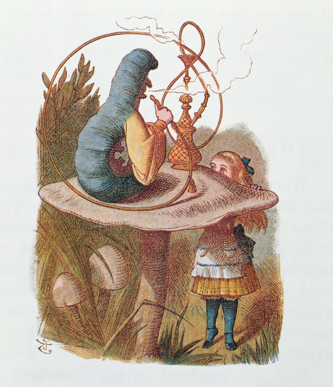 Alice and the Caterpillar, illustration från "Alice in Wonderland" av Lewis Carroll (1832-98) publicerad av Macmillan, New York, 1866 av John Tenniel