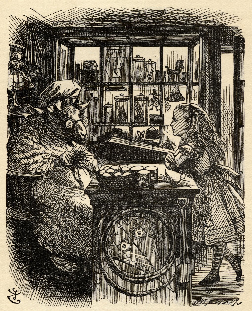 Alice and the Knitting Sheep, illustration från "Through the Looking Glass" av Lewis Carroll (1832-98) publicerad först 1871 av John Tenniel