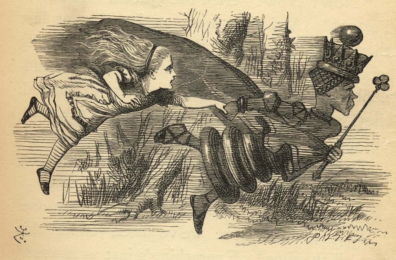 Alice and the Red Queen, illustration från "Through the Looking Glass" av Lewis Carroll (1832-98) publicerad första gången 1871 av John Tenniel