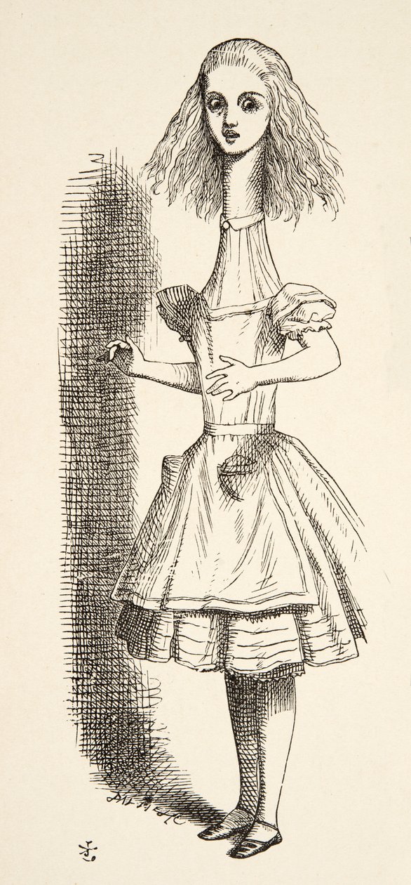 Alice växer längre, från Alices Adventures in Wonderland av Lewis Carroll (1832 - 98), publicerad 1891 av John Tenniel