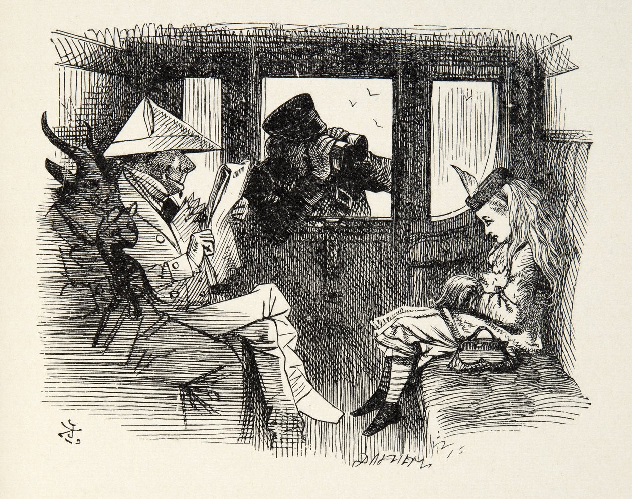 Alice i tågvagnen, illustration från Through the Looking Glass av Lewis Carroll (1832 - 98), 1872 av John Tenniel