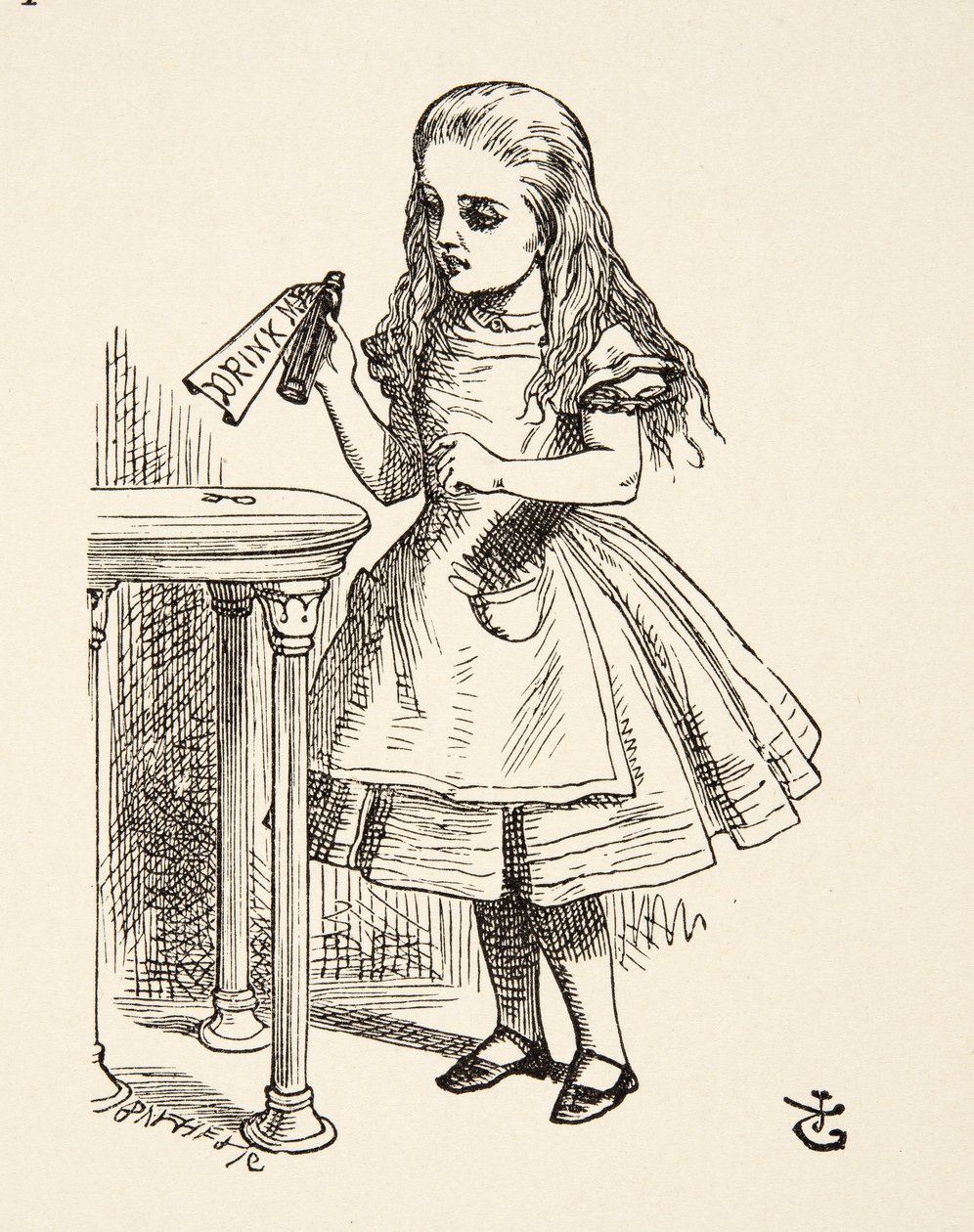 Alice kikar på Drink Me-flaskan, från Alices Adventures in Wonderland av Lewis Carroll (1832 - 98), pub. 1891 av John Tenniel