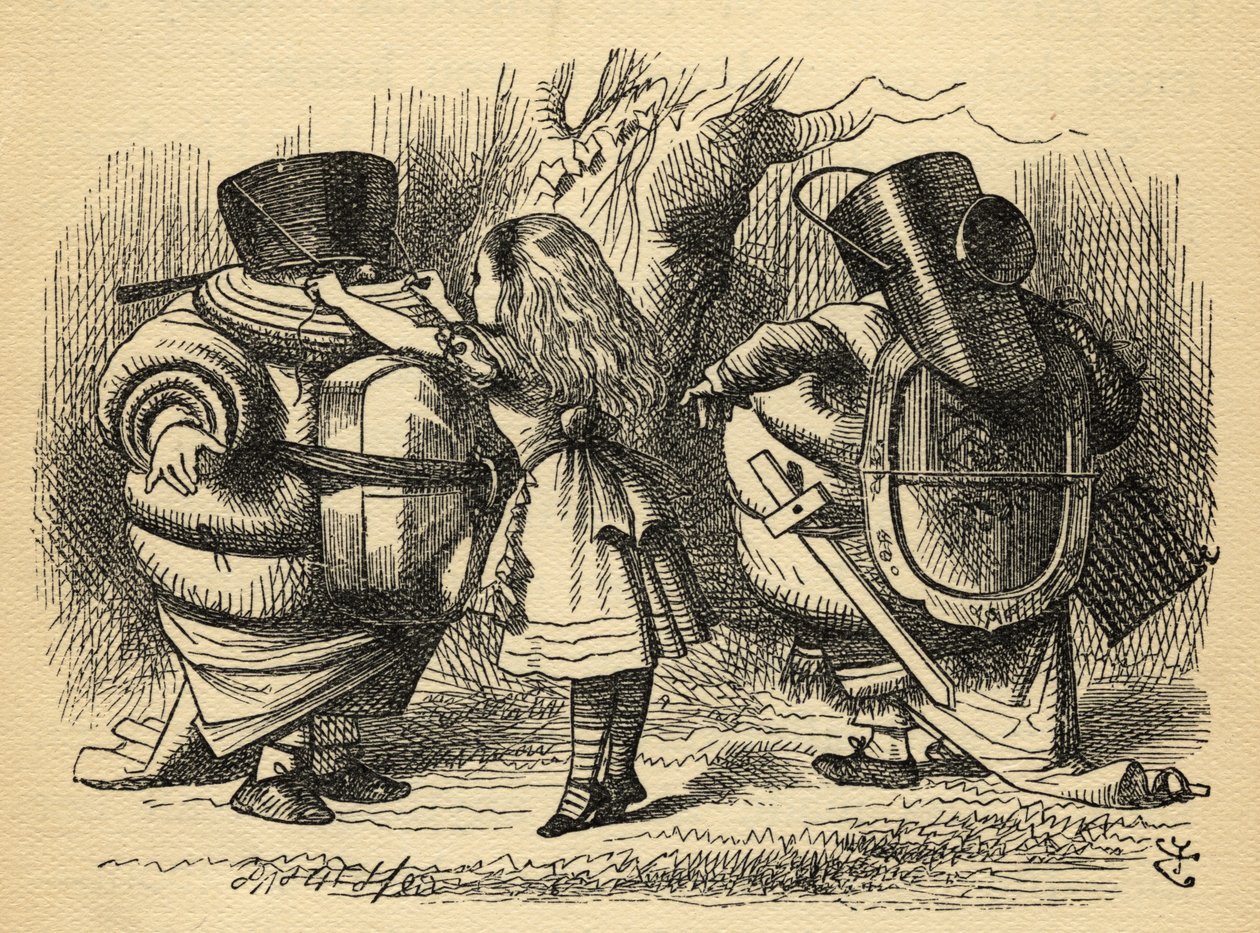 Kampen om skällan, illustration från "Through the Looking Glass" av Lewis Carroll (1832-98), första gången publicerad 1871. av John Tenniel