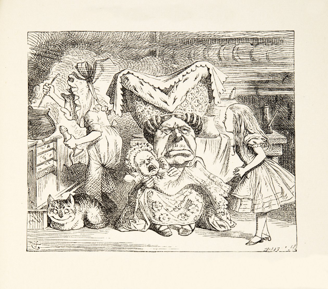 Hertiginnan med sin familj, från Alices Adventures in Wonderland av Lewis Carroll (1832 - 98), publicerad 1891 av John Tenniel