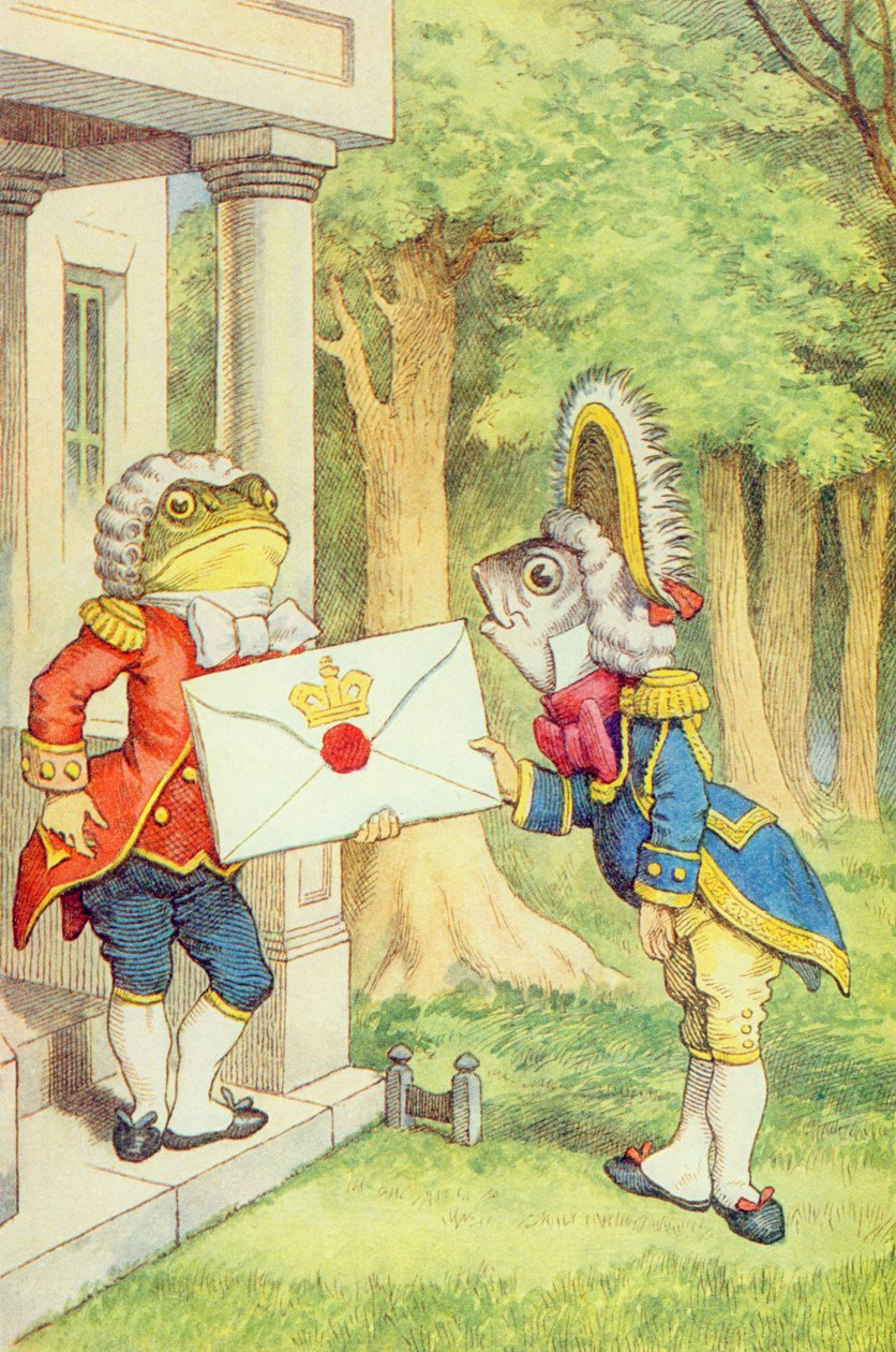 The Fish-Footman levererar en inbjudan till hertiginnan, illustration från "Alice i Underlandet" av Lewis Carroll (1832-9) av John Tenniel
