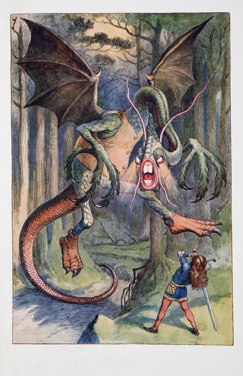 The Jabberwock, med ögon av flamma, kom snurrande genom Tulgey Wood, Alices Adventures in Wonderland And Through The Looking-Glass And What Alice Found There, av Lewis Carroll (1832 - 98), publicerad av John Tenniel