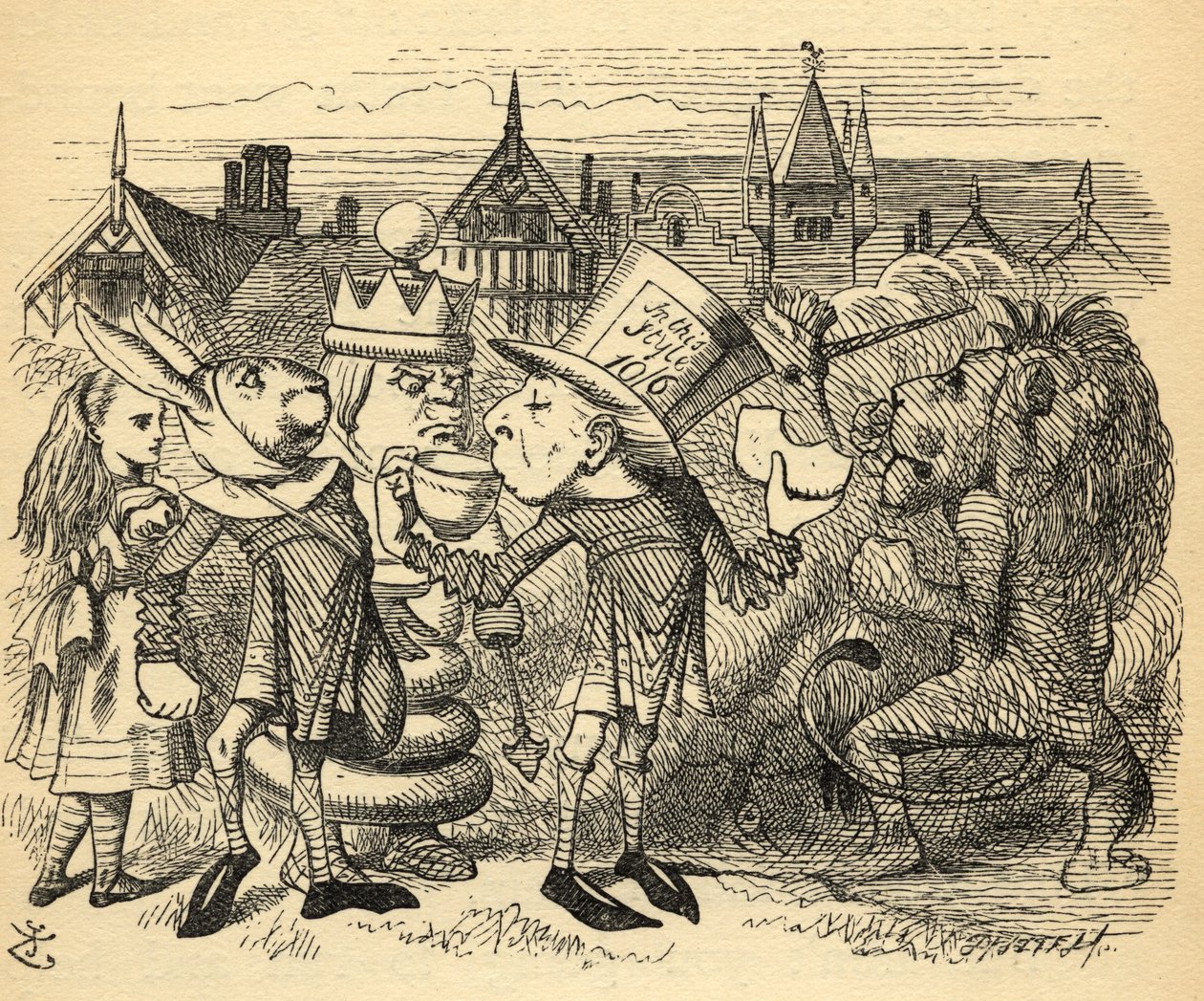 The Mad Hatter, Hare, the King and Alice, illustration från "Through the Looking Glass" av Lewis Carroll (1832-98) publicerad första gången 1871 av John Tenniel