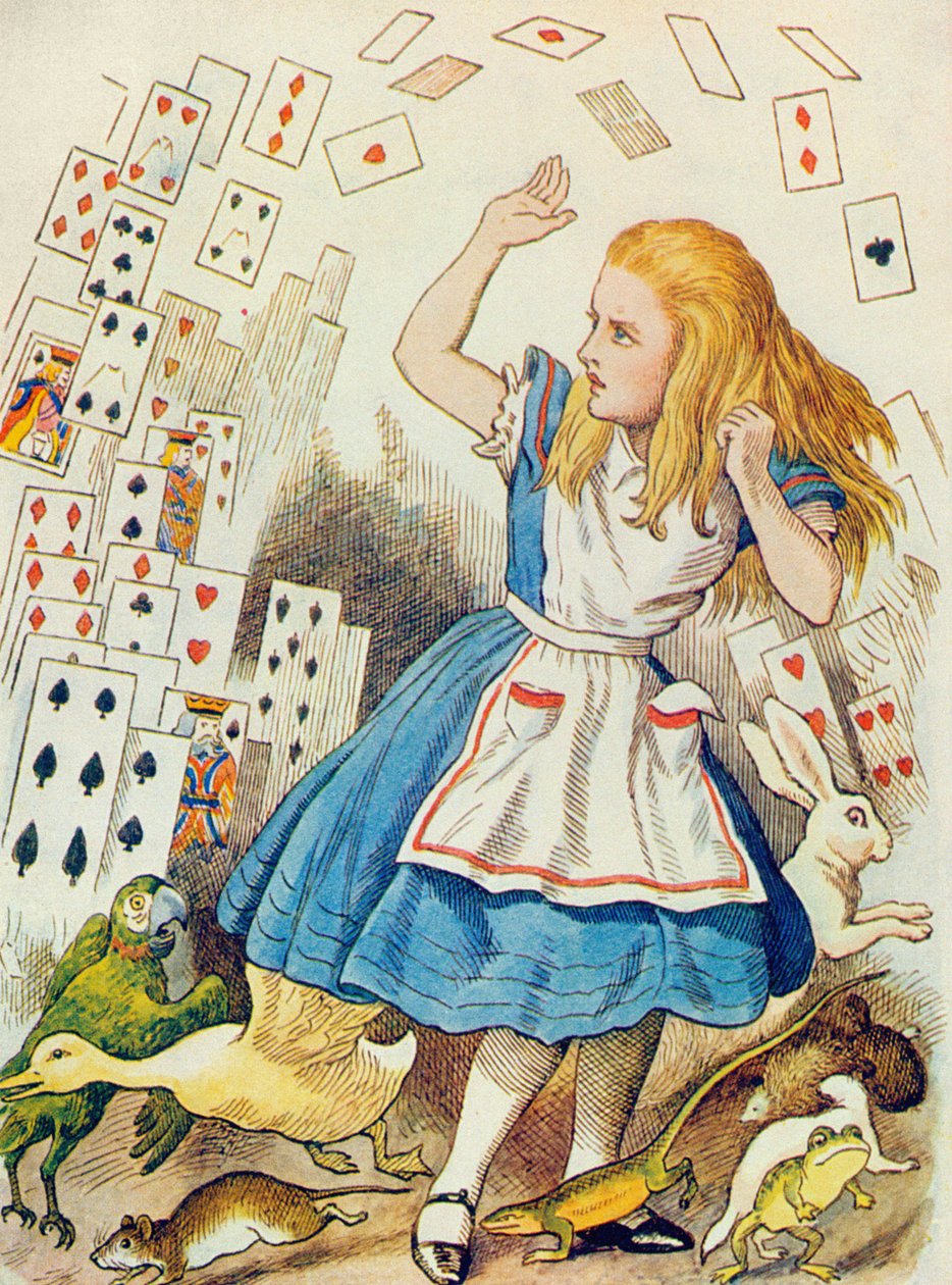 The Shower of Cards, illustration från "Alice i Underlandet" av Lewis Carroll (1832-98) av John Tenniel