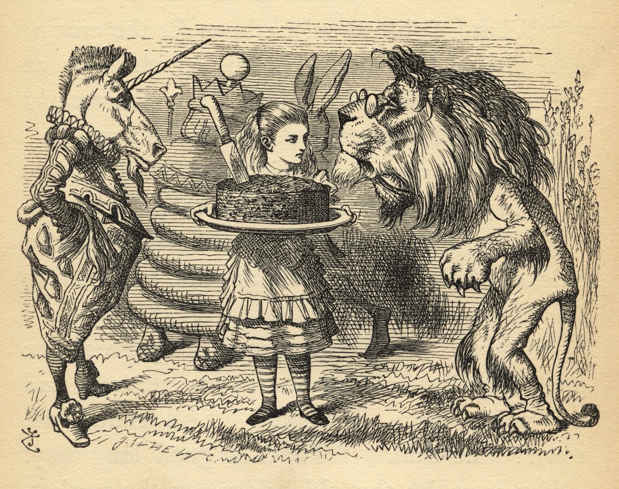 Delningen av tårtan mellan lejonet och enhörningen, illustration från "Through the Looking Glass" av Lewis Carroll (1832-98) publicerad första gången 1871 av John Tenniel