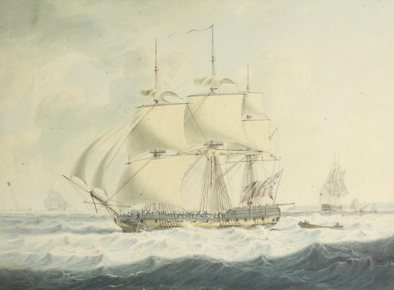 H.M.S. Detta springer nerför kanalen under reducerat segel i de hackiga förhållandena, med annan sjöfart i närheten av John Thomas Serres