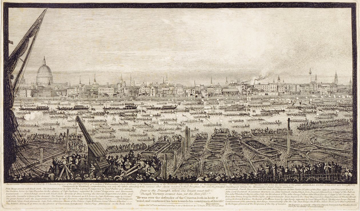 Lord Nelsons kvarlevor transporterade uppför Themsen från Greenwich till Whitehall den 8 januari 1806. av John Thomas Smith