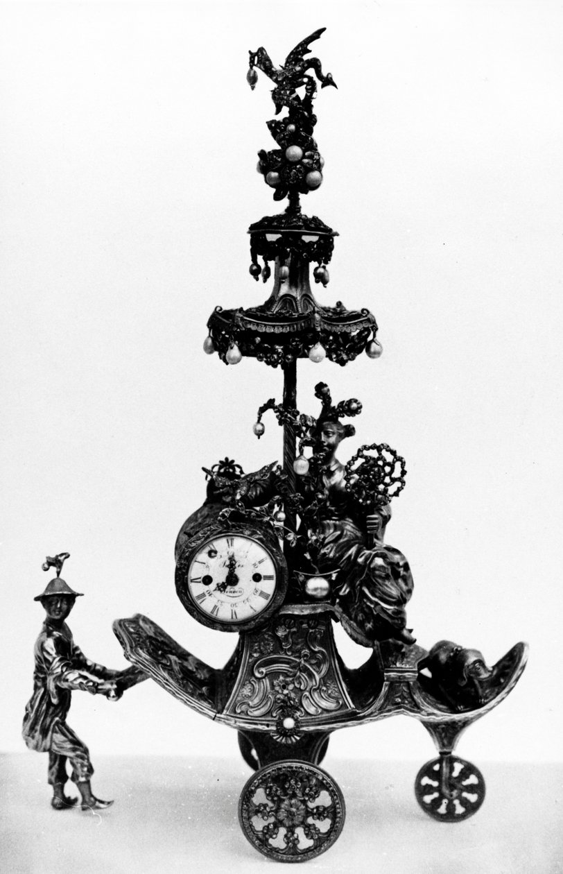 Automat i form av en vagn knuffad av en kinesisk skötare och satt med en klocka, illustration från "A Description of the Works of Art forming the Collection of Alfred de Rothschild" av Charles D av John Thomson