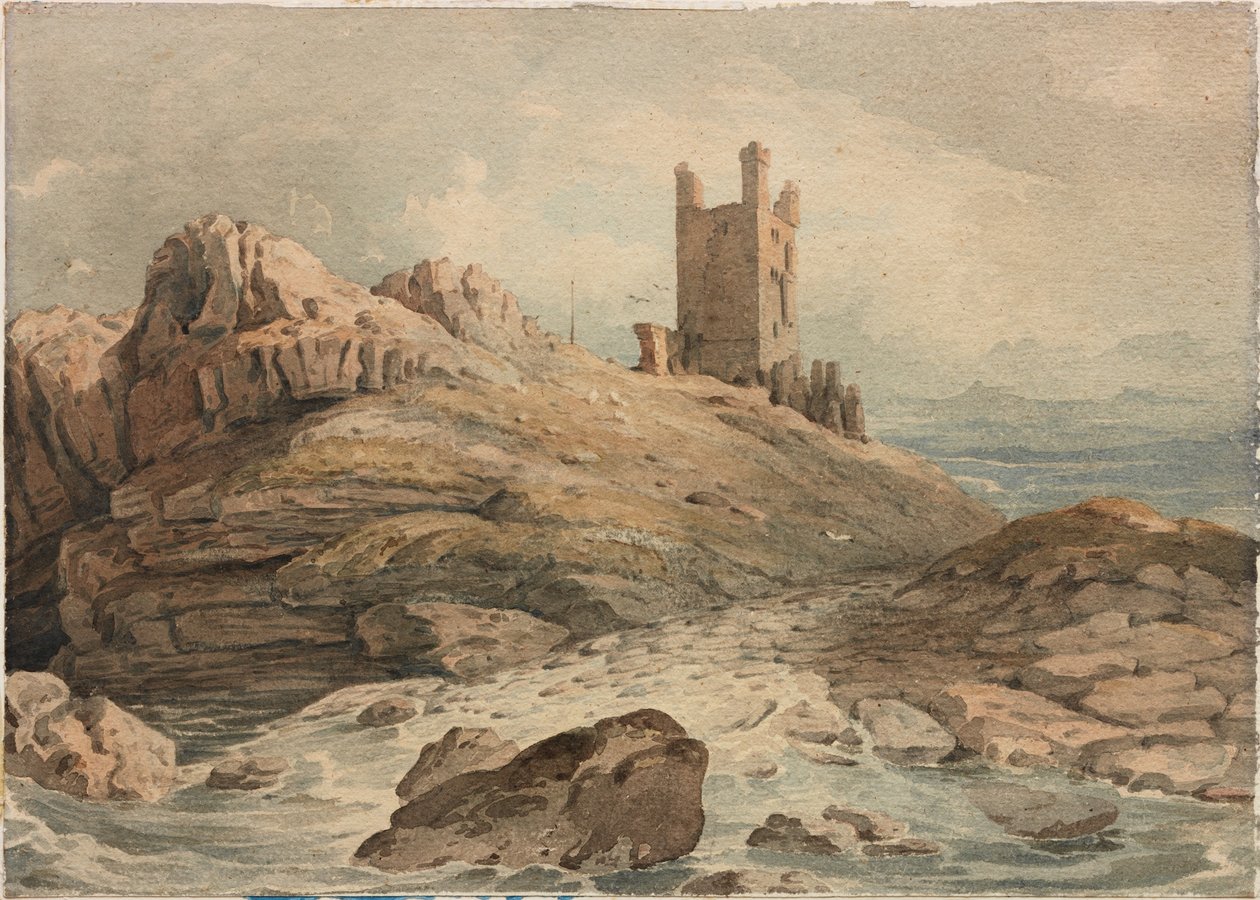 Dunstanburgh Castle (penna och akvarell på papper (ombord)) av John Varley