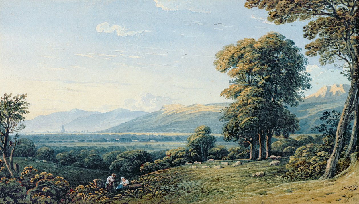 Figurer som vilar på en bergssluttning med en kyrktornet bakom sig, 1825 av John Varley