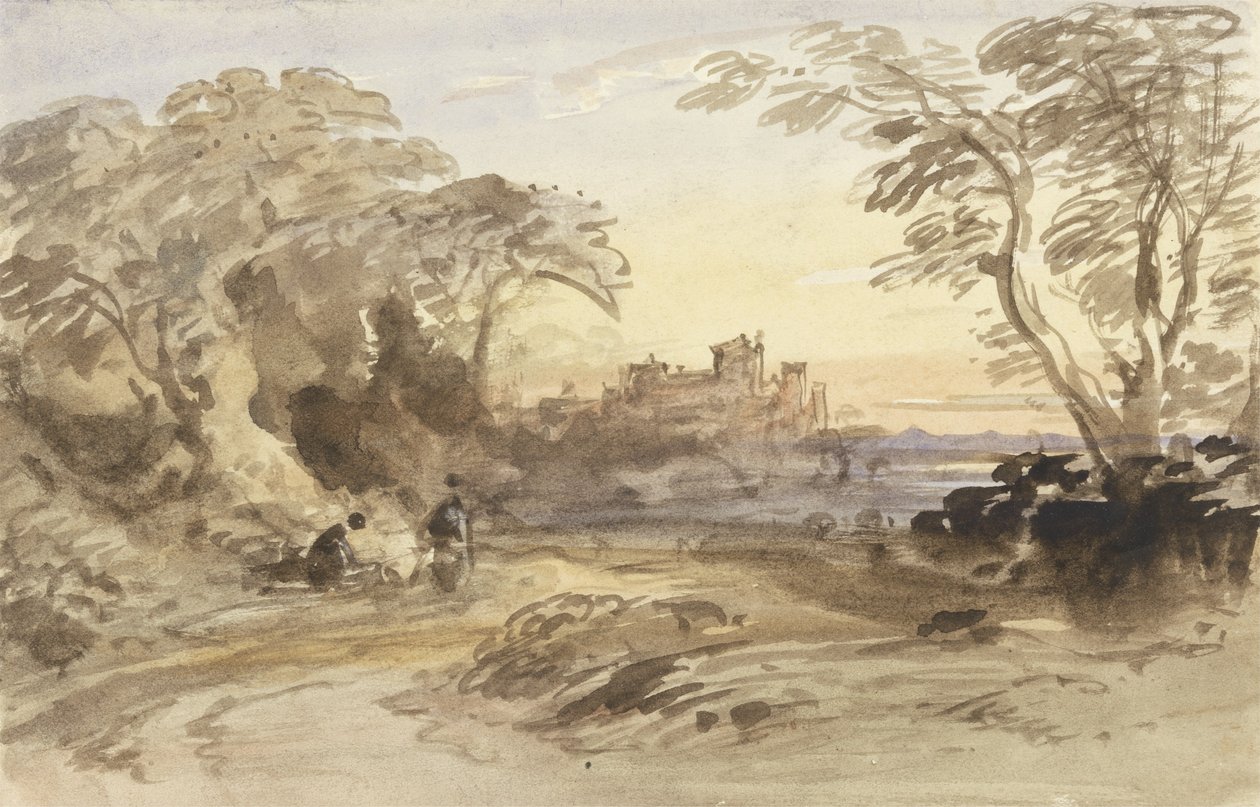 Landskap med figurer och avlägset slott av John Varley
