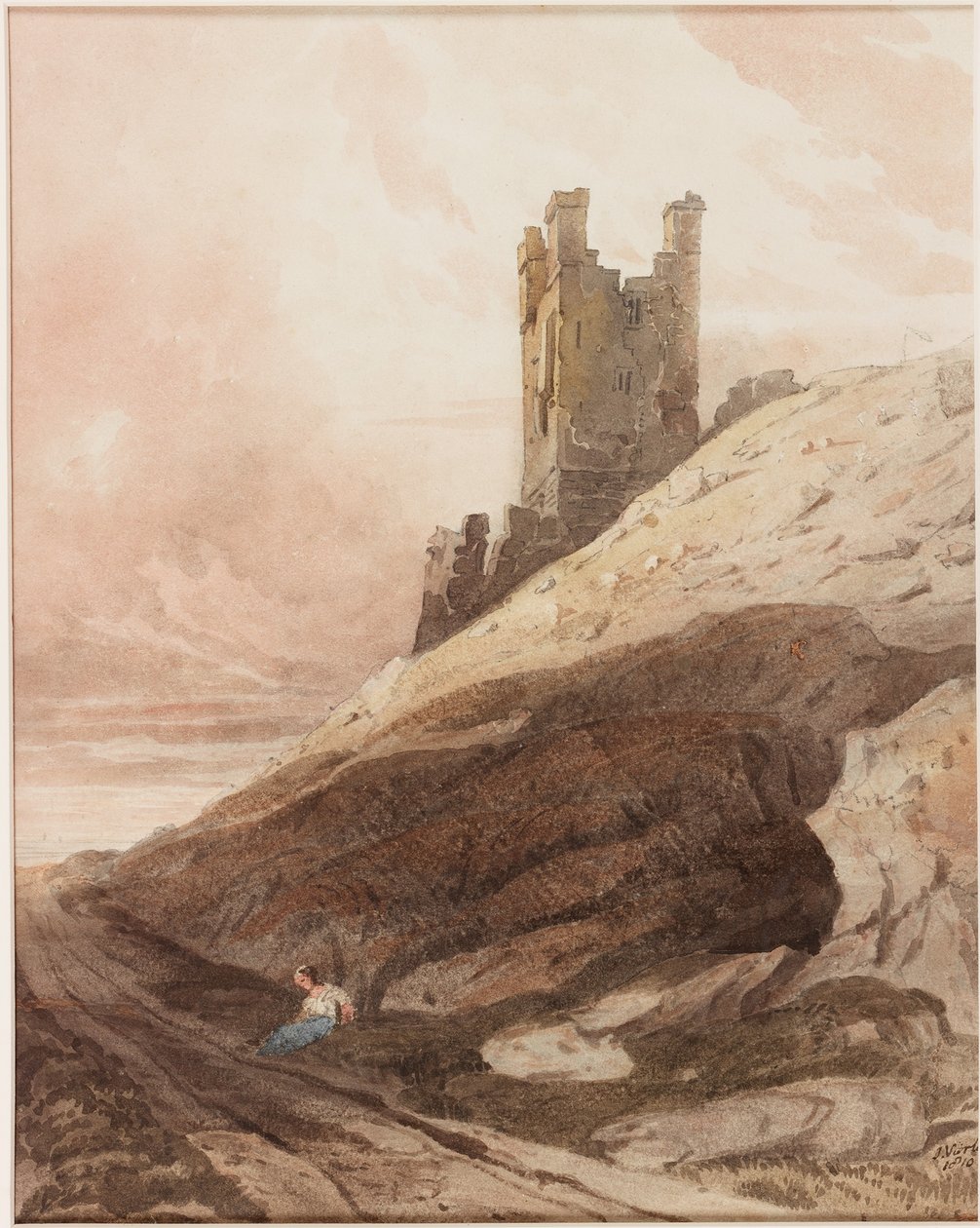 Lilburn Tower, Dunstanburgh Castle (penna och akvarell på papper (klistrad ombord)) av John Varley