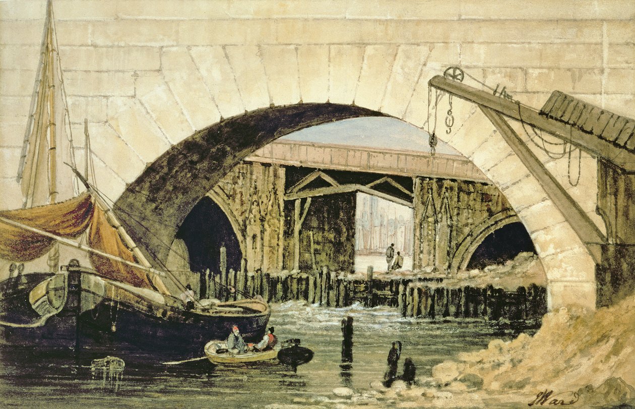 Pråmar förtöjda nära New London Bridge av John Ward