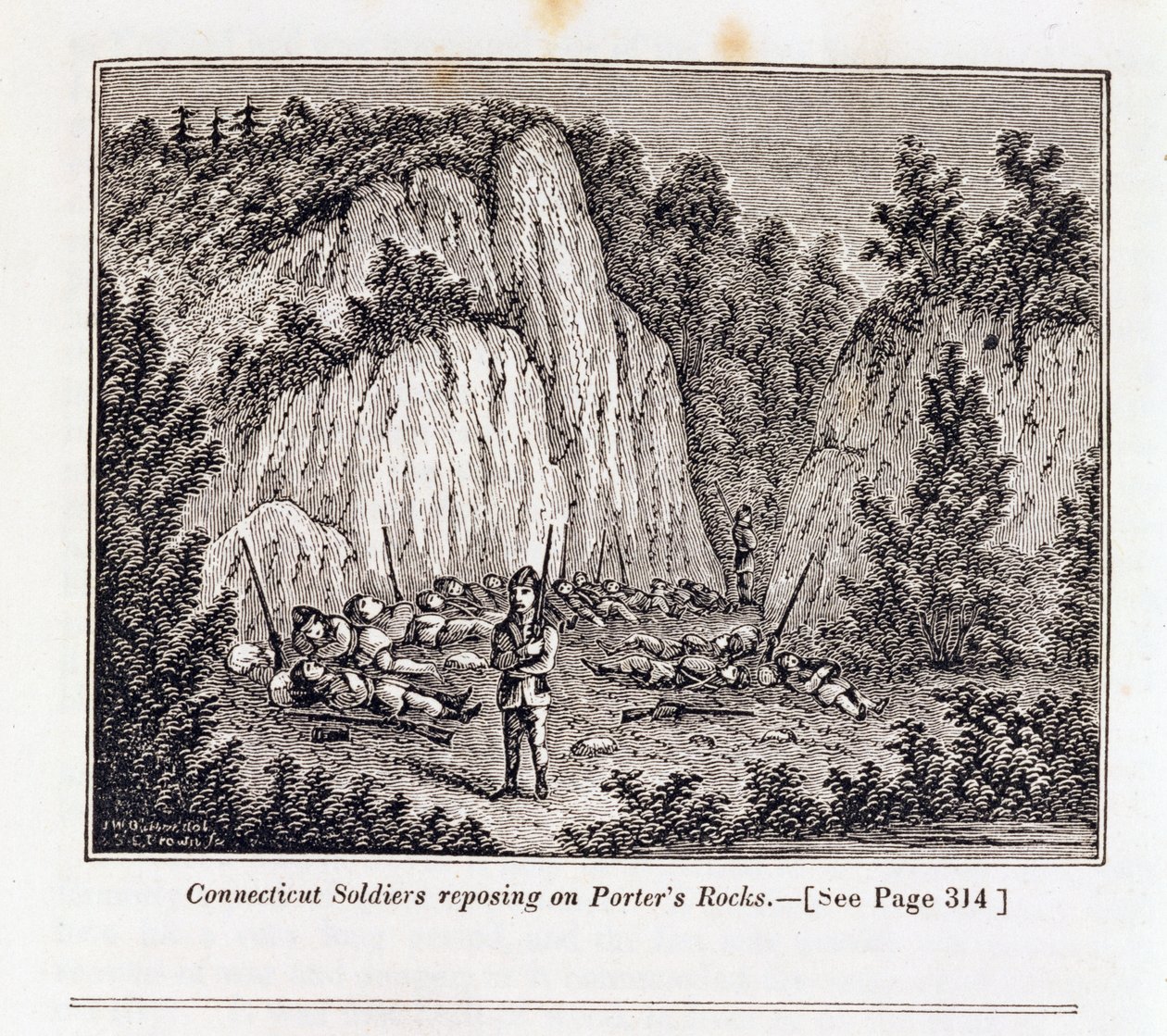 Connecticut Soldiers vilar på Porters Rock innan de attackerar Pequot Fort, från "Connecticut Historical Collections", av John Warner Barber, graverad av S.E. Brown, 1856 av John Warner Barber