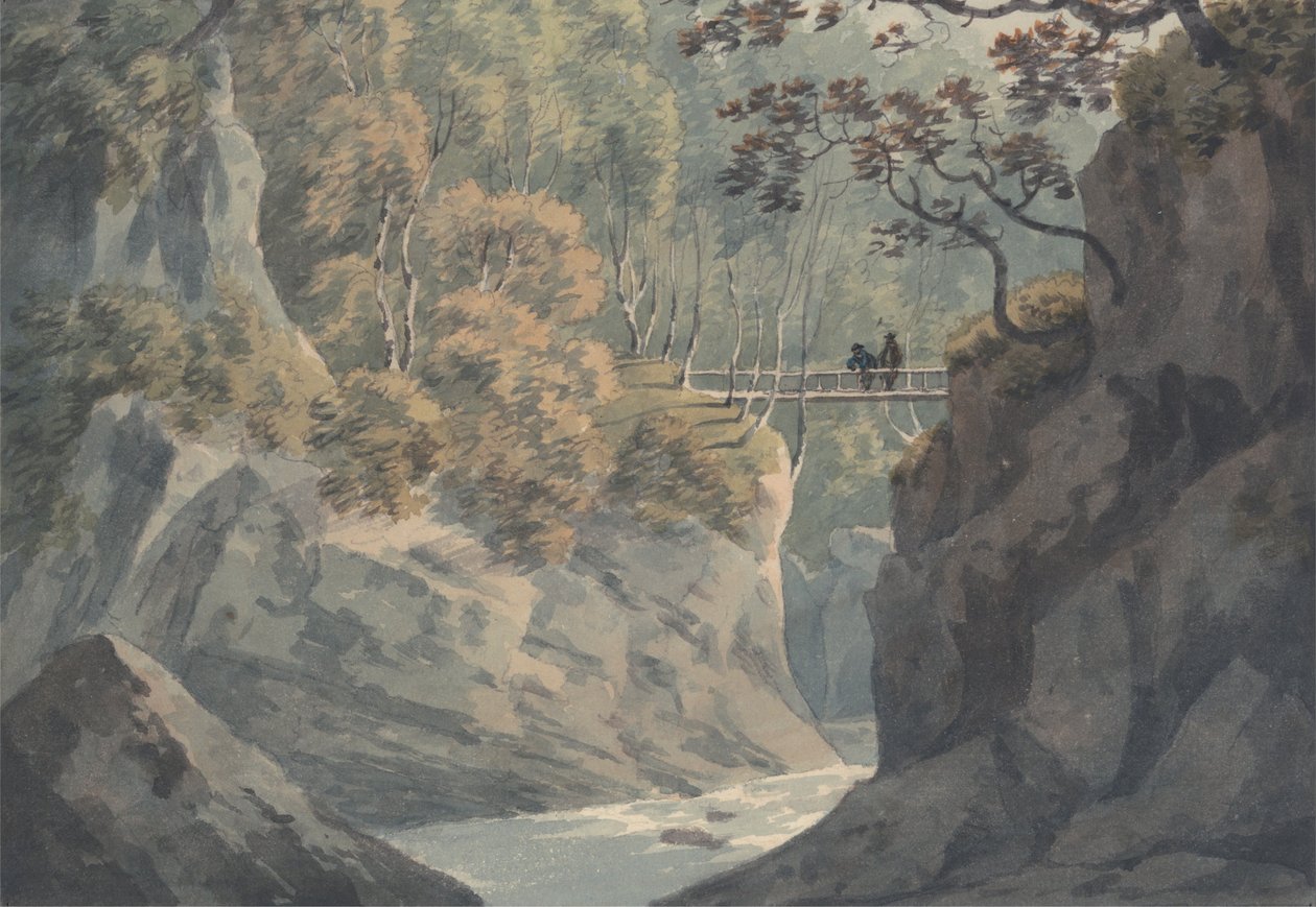 Alpine Bridge and Woodland Scenery near Pistil y Maw av John Warwick Smith