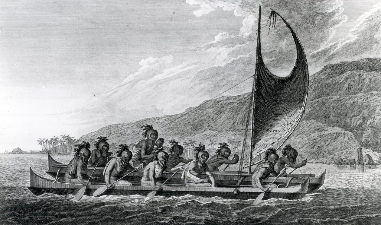 En kanot från Sandwichöarna, med maskade roddare, 1784 av John Webber
