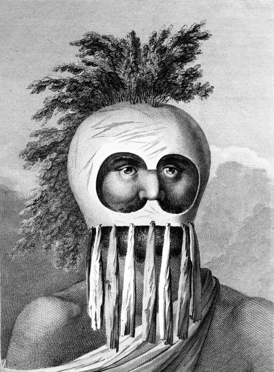 En man från Sandwichöarna i mask, illustration från "A Voyage to the Pacific", graverad av Thomas Cook, 1784 av John Webber