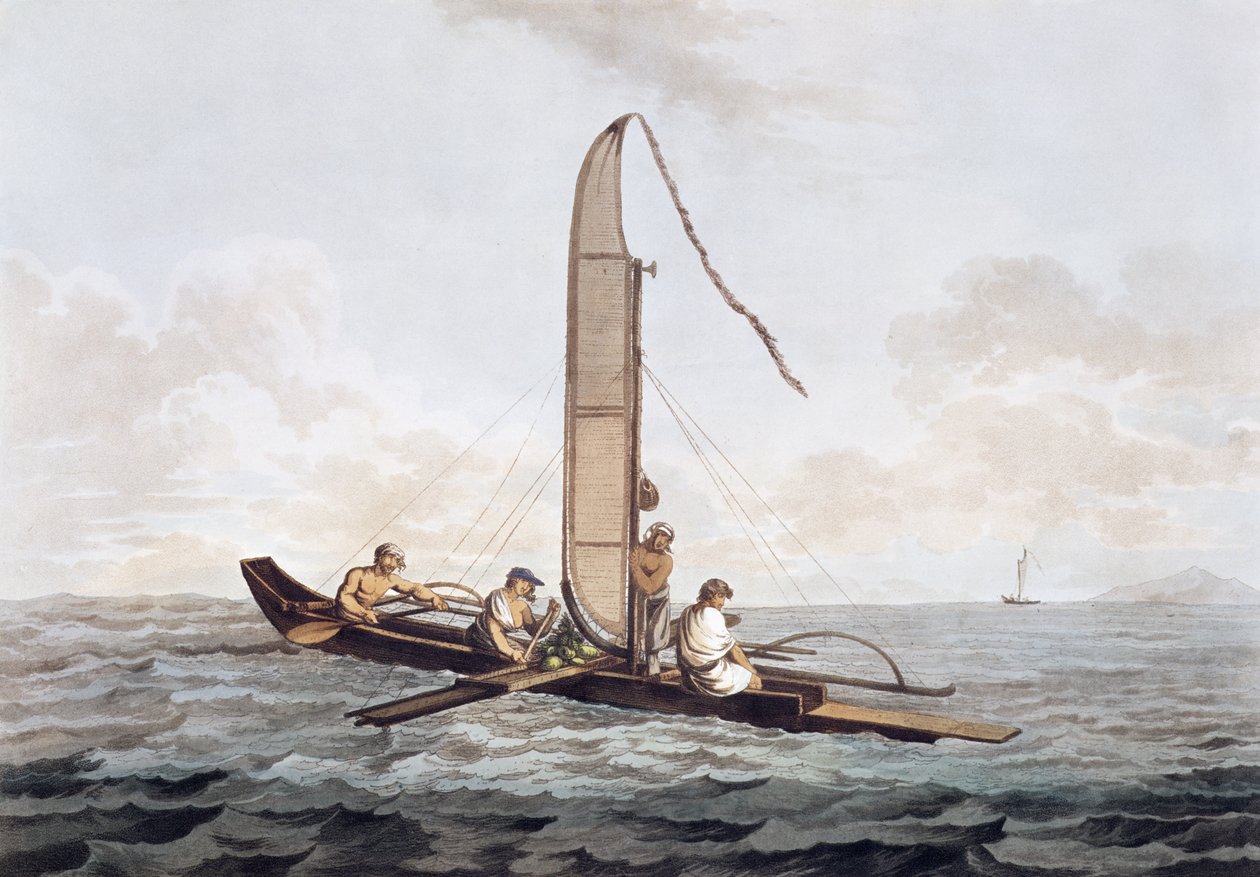 En seglingskanot av Otaheite, från "Views in the South Seas", pub. 1792 av John Webber