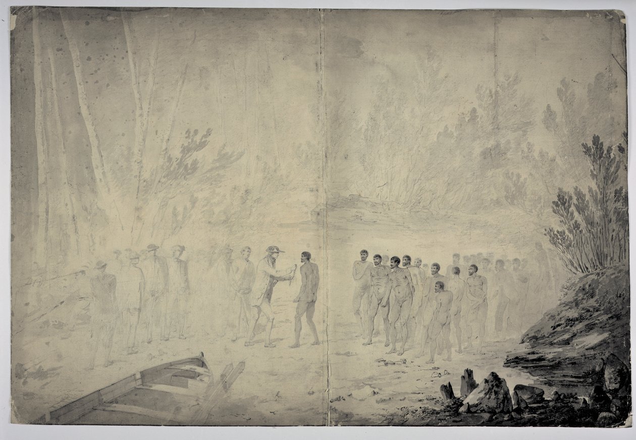 Captain Cooks intervju med infödda i Adventure Bay, Van Diemens land, 29 januari 1777, ca 1777 (penna och bläck och grå tvätt på papper) av John Webber