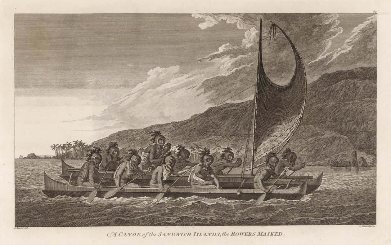 Priests traveling across Kealakekua bay for first contact rituals.  av John Webber