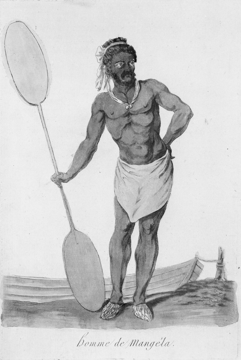 Standing portrait of a man of Mangaia, Cook Islands, holding a paddle in his right hand av John Webber