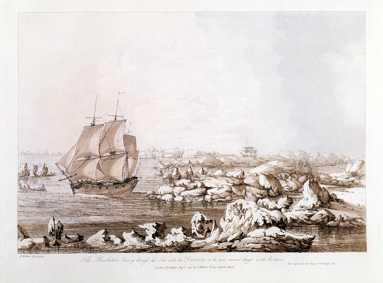 Upplösningen som slår genom isen med upptäckten i den mest överhängande faran i fjärran, från "Views in the South Seas", pub. 1792 av John Webber