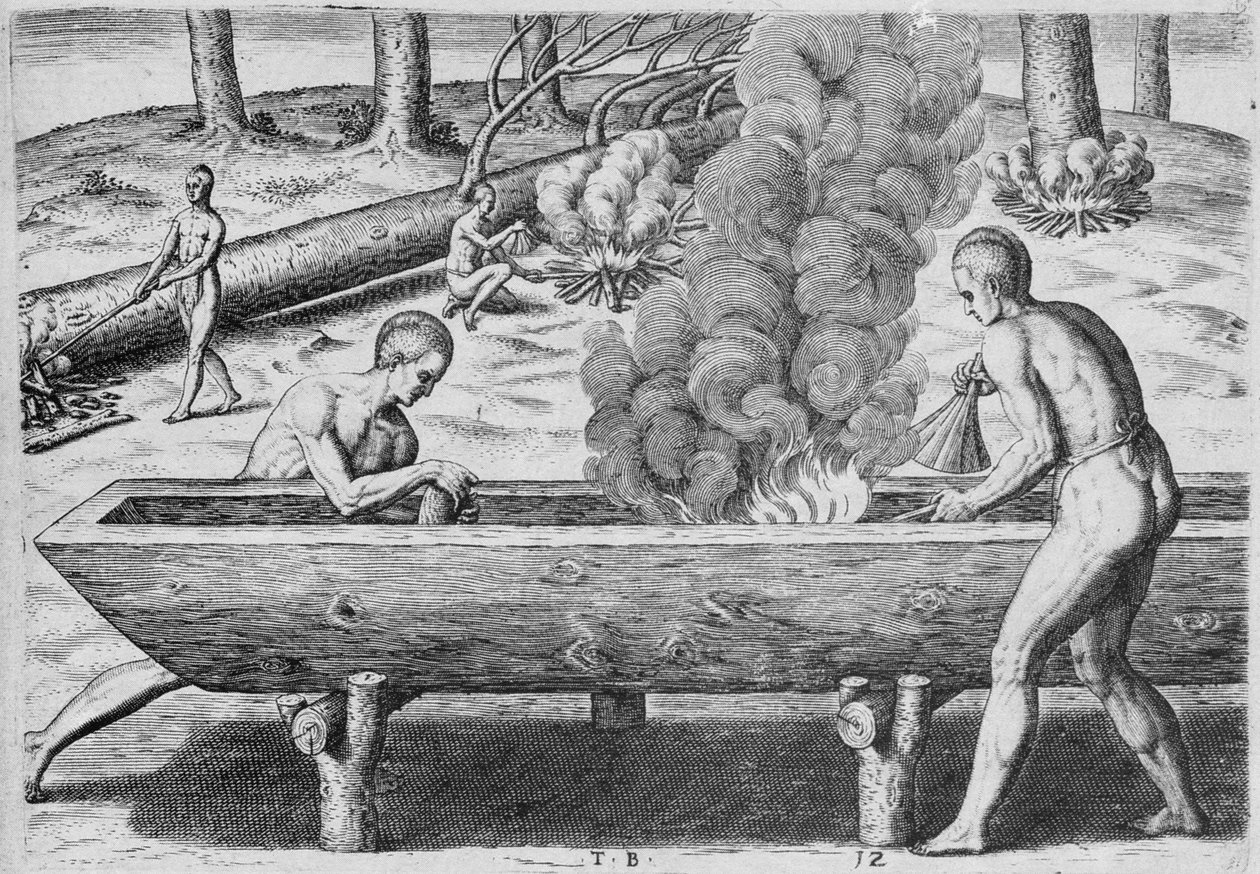 Indianer som tillverkar kanoter, ur "Admiranda Narratio", graverad av Theodor de Bry (1528-1598) 1590 av John White